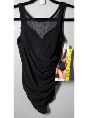 NEW Vintage Womens Size 10 Black‎ One Piece Swimsuit Slimming Mesh Tummy Control